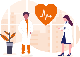 Desenho de dois médicos e um ícone de um coração batendo na parte de cima.