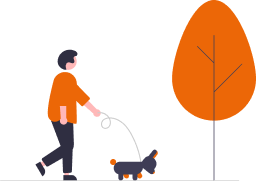 Desenho de uma pessoa passeando com um cachorro.
