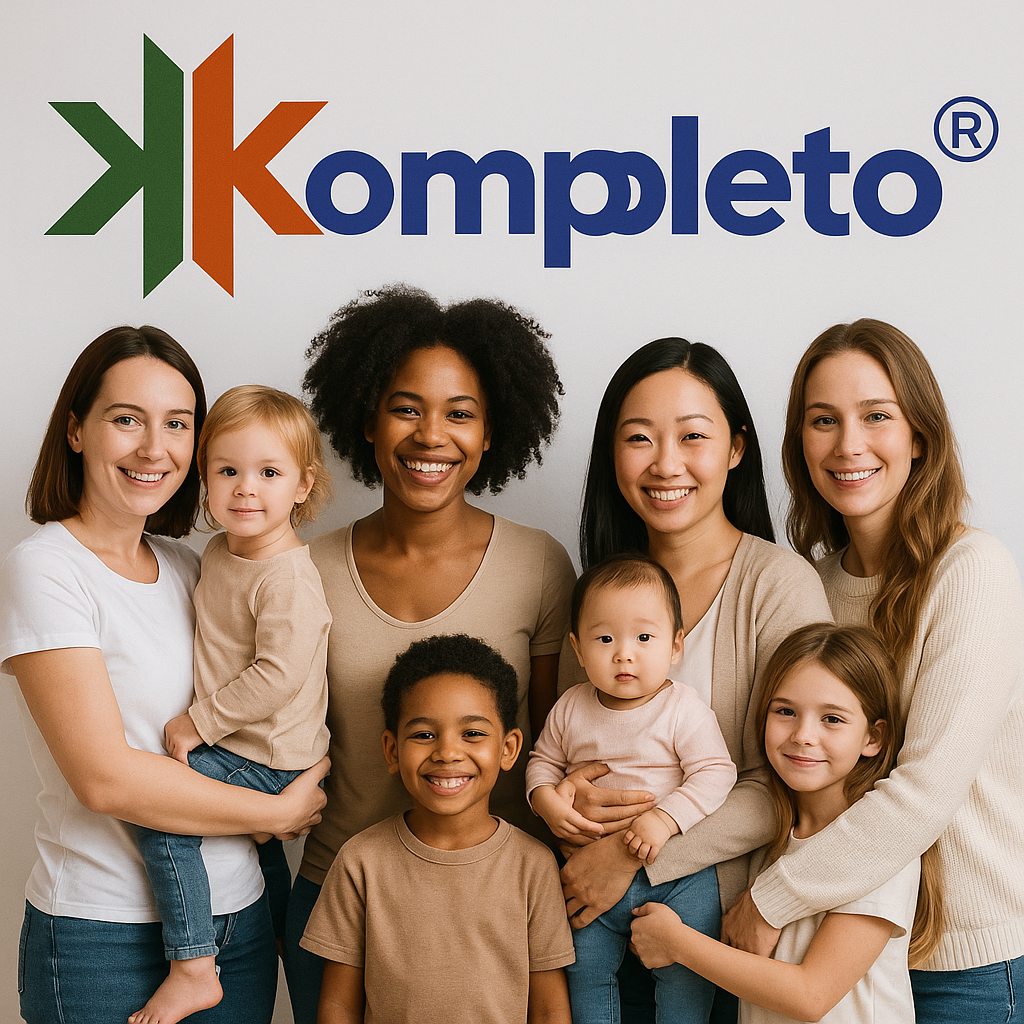 Grupo diverso de mães e filhos sorrindo em frente ao logo da Kompleto, representando acolhimento, cuidado e diversidade na campanha de Dia das Mães.